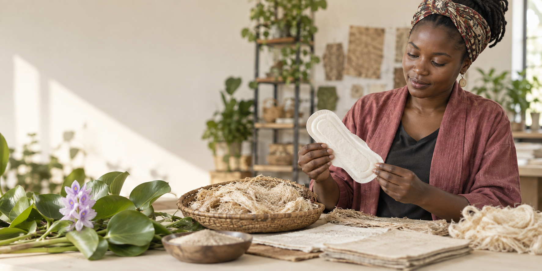 Woman innovator examining a sanitary pad prototype beside processed plant fibres