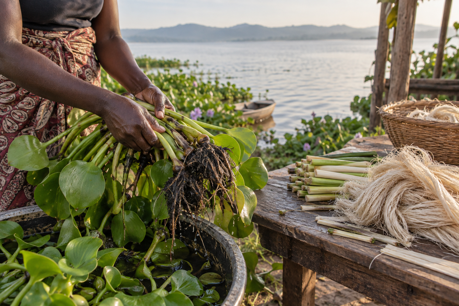 Water hyacinth stems being sorted beside prepared natural fibres